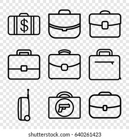 Briefcase icons set. set of 9 briefcase outline icons such as briefcase with weapon, money case, case