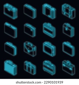 Briefcase icons set. Isometric set of briefcase vector icons neon color on black