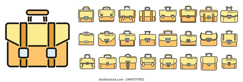 Aktenkoffer-Symbole setzen Umrissvektor. Bürotasche. Steckerzubehör Dünne Linie Farbe flach isoliert