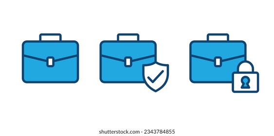 Briefcase icons set. Briefcase with shield and check mark, padlock symbol. Business protection, insurance, secure, safety. Vector illustration