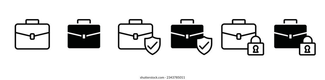 Briefcase icons set. Briefcase with shield and check mark, padlock icon symbol in line and flat style. Business protection, insurance, secure, safety. Vector illustration