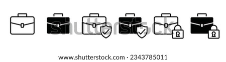Briefcase icons set. Briefcase with shield and check mark, padlock icon symbol in line and flat style. Business protection, insurance, secure, safety. Vector illustration