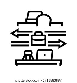 briefcase jumping from one desk to another line icon vector. briefcase jumping from one desk to another sign. isolated contour symbol black illustration