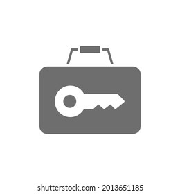 Briefcase with key, luggage storage service grey icon.