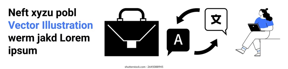 Briefcase, language icons, and person using laptop emphasize language services, translation, global business solutions, remote work, technology, professional services, and communication. Ideal