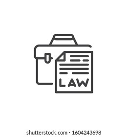 Briefcase and law document file line icon. linear style sign for mobile concept and web design. A court case outline vector icon. Law and Justice symbol, logo illustration. Vector graphics