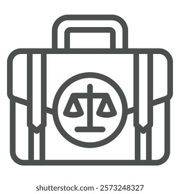 Briefcase with libra scales line icon, jurisprudence concept. Vector graphics. Portfolio bag with legal cases sign on white background, outline style icon for mobile or web design