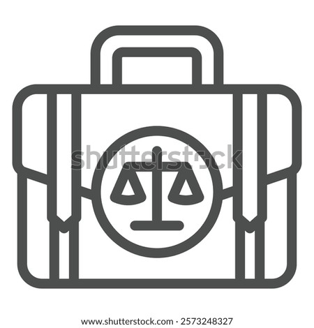 Briefcase with libra scales line icon, jurisprudence concept. Vector graphics. Portfolio bag with legal cases sign on white background, outline style icon for mobile or web design