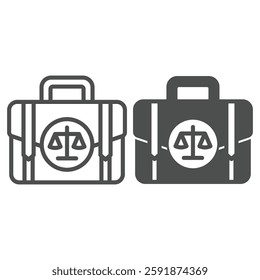 Briefcase with libra scales line and solid icon, jurisprudence concept. Vector graphics. Portfolio bag with legal cases sign on white background, outline style icon for mobile or web design