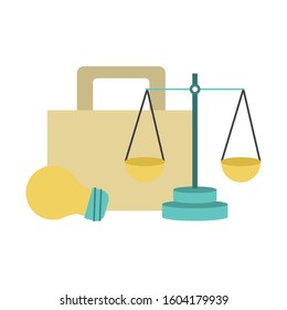 briefcase, light bulb and scale over white background, vector illustration