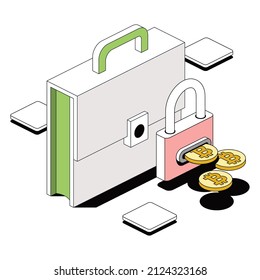 Briefcase, lock bitcoin coins. Vector 3d sketch line isometric style, color icon illustration. Creative design idea and infographics elements.