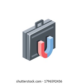 Briefcase magnet. Vector 3d isometric, color web icons set, new flat style. Creative illustration, idea for infographics.