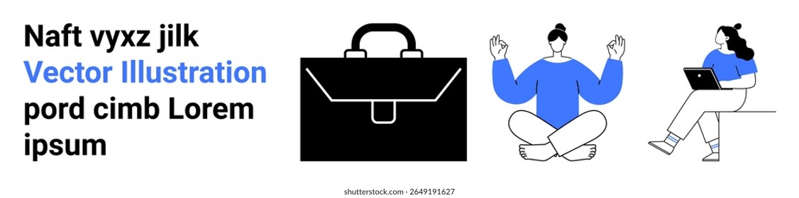 Briefcase, meditative person, person using laptop. Ideal for work-life balance, productivity, relaxation, modern workspace, mindfulness, remote work, business Landing page