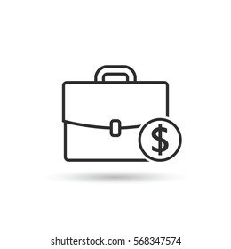 Briefcase and money coin icon, vector outline symbol.