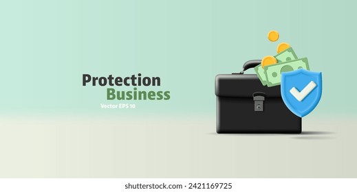 Briefcase with money and a shield with a check mark, 3D. Banner for the design of protection and security of personal funds, business, and insurance. Vector