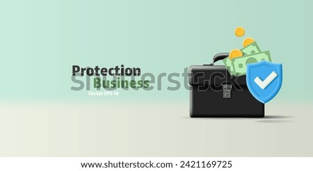 Briefcase with money and a shield with a check mark, 3D. Banner for the design of protection and security of personal funds, business, and insurance. Vector