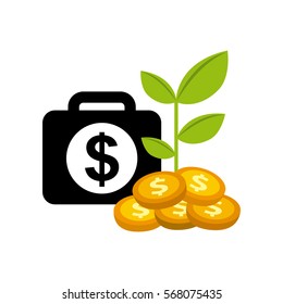 briefcase with money sign and gold coins with a plant over white background. colorful design. vector illustration