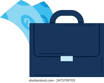 Briefcase money sticking out, blue professional business cash. Finance success wealth concept illustration, cash secure. Suitcase financial earnings, isolated white background