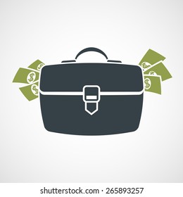 Briefcase with money sticking out. Vector image.