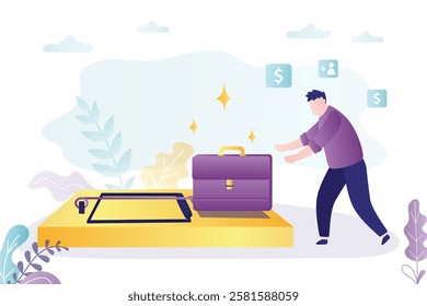 Briefcase in mousetrap. Bait for business people. Concept of fake job offer, mistake, trap with fraud or illegal work. Dangerous, corporate slavery. Risk management. flat vector illustration