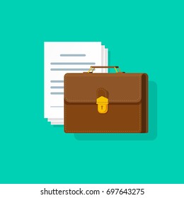 Briefcase near lots of paper documents vector illustration, flat cartoon business case with pile of docs isolated on color background