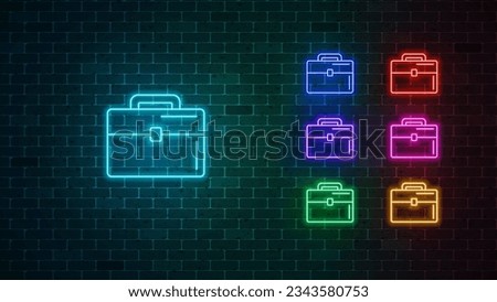 Briefcase neon icon set. Portfolio, Business case glowing sign. Vector illustration