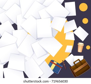 Briefcase, notebook, pen, coffee and paper background, vector illustration