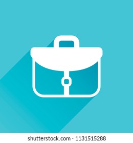 Briefcase, office bag. Gray icon with long shadow in bottom left corner on blue background