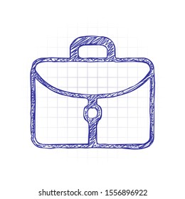 Briefcase, office bag. Hand drawn sketched picture with scribble fill. Blue ink. Doodle on white background