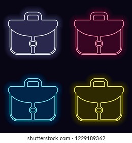 Briefcase, office bag. Set of neon sign. Casino style on dark background. 
