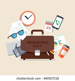 Briefcase with office things, smartphone, laptop, glasses, documents, cup of coffee, calendar, calculator. Manager, clerk, working day.  Vector, illustration, flat