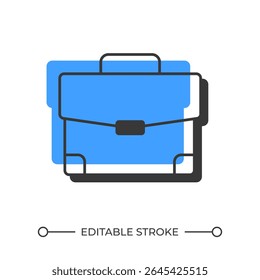 Briefcase offset shadow line icon. Vintage bag to carry documents. Business career promotion. Making deals. Bold outline symbol with solid blue fill. Modern flat illustration. Editable stroke