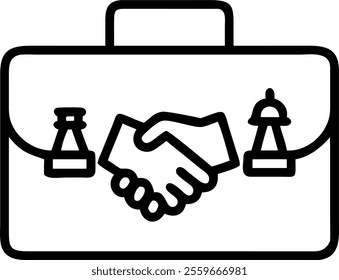 A briefcase on white background with holographic handshake and growth symbols leaving copy space. concept as Straight on shot of a business briefcase against a pure white background. Above it float gl