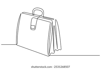 Briefcase as one line continuous outline vector illustration. Line art business briefcase isolated on white background in minimal style, Briefcase Continuous Line Illustration