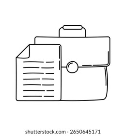 Briefcase Outline Doodle, caso comercial com documentos, simbolizando finanças corporativas, usado em conteúdo relacionado a start-ups ou escritórios.