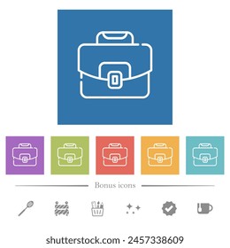 Contorno de maletín con iconos planos en blanco en fondos cuadrados. 6 iconos de bonificación incluidos.