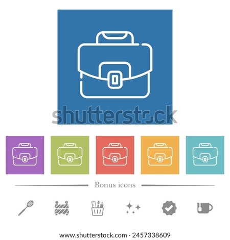 Briefcase outline flat white icons in square backgrounds. 6 bonus icons included.