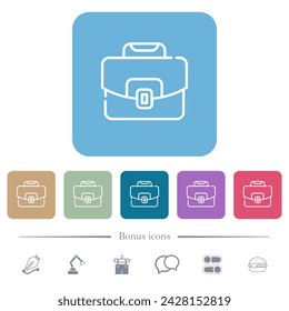 Contorno del maletín iconos planos blancos sobre fondos cuadrados redondeados de color. 6 iconos de bonificación incluidos