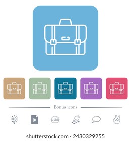 Contorno del maletín iconos planos blancos sobre fondos cuadrados redondeados de color. 6 iconos de bonificación incluidos