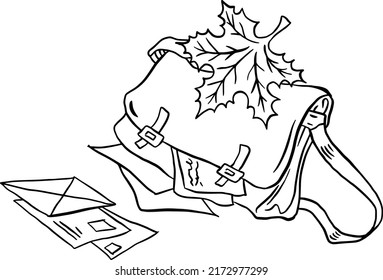 Maletín, papel, hoja de otoño, ilustración vectorial de línea de tracción manual