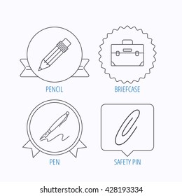 Briefcase, pencil and safety pin icons. Pen linear sign. Award medal, star label and speech bubble designs. Vector