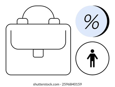 Briefcase with percentage symbol and human figure. Ideal for business, finance, office work, employment, economics, human resources, workforce themes. Line metaphor