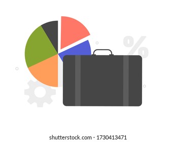 Briefcase and pie chart. Portfolio of stocks, earnings on exchange markets. Business flat concept vector illustration.