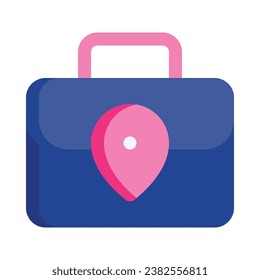 Briefcase with pin marker in flat icon. Workplace, portfolio, job, location, maps