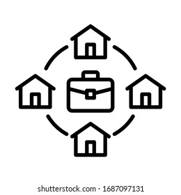 Briefcase placed in the middle of houses in a circular area. Concept of Work from home. Line vector. Isolate on white background.