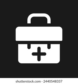 Briefcase with plus pixel dark mode glyph ui icon. Business communication. User interface design. White silhouette symbol on black space. Solid pictogram for web, mobile. Vector isolated illustration