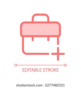 Briefcase with plus pixel perfect glassmorphism ui icon. Add new workplace. Color filled line element with transparency. Vector pictogram in glass morphism style. Editable stroke. Arial font used