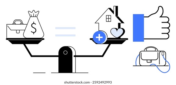 Briefcase and sack of money balanced with house and heart on scales symbolizing equity. Visible thumb up symbolizing approval and additional briefcase. Ideal for work-life balance, finance