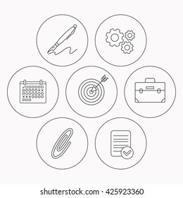 Briefcase, safety pin and target icons. Pen linear sign. Check file, calendar and cogwheel icons. Vector
