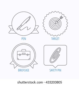 Briefcase, safety pin and target icons. Pen linear sign. Award medal, star label and speech bubble designs. Vector